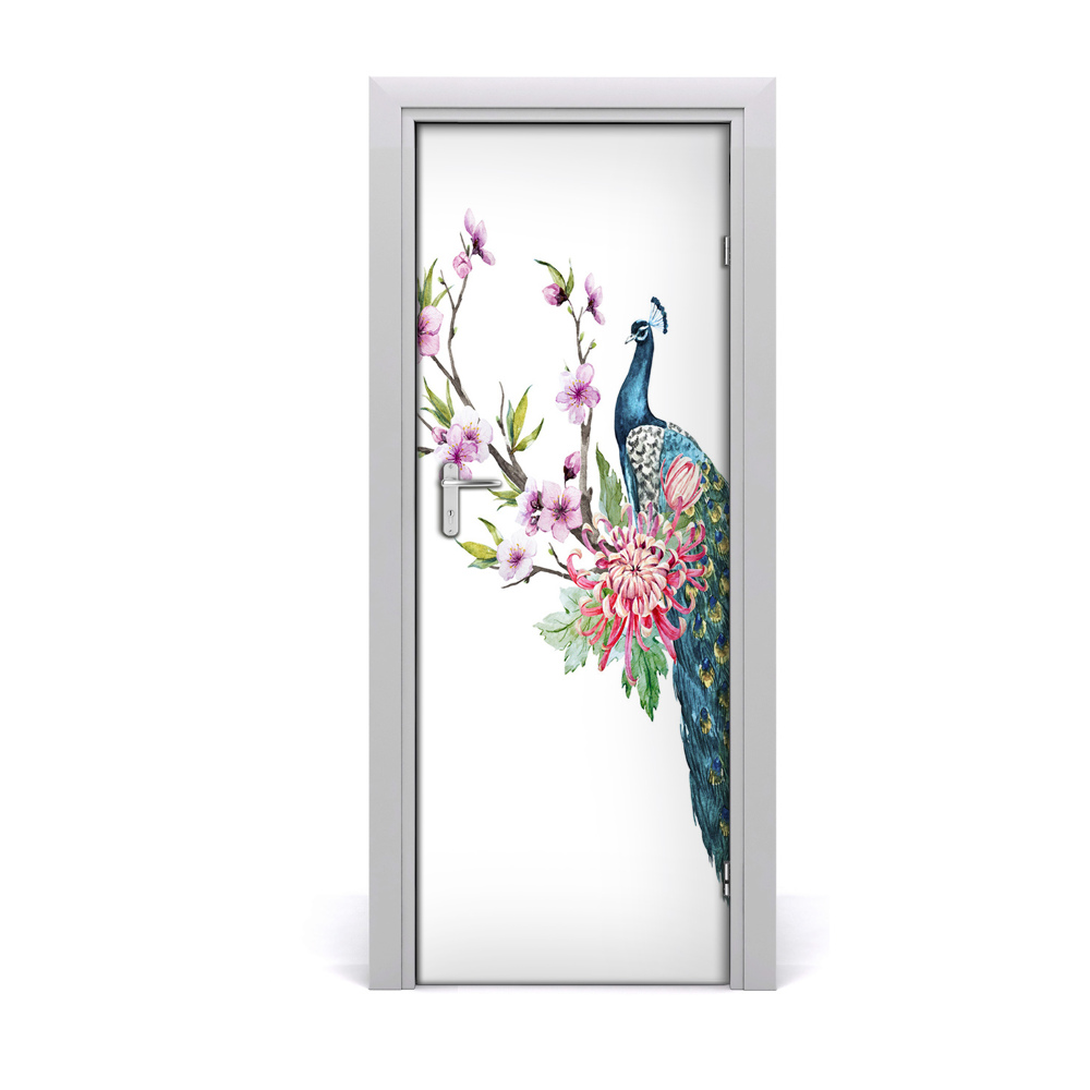 Naklejka samoprzylepna na drzwi Paw i kwiaty