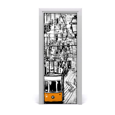 Naklejka samoprzylepna na drzwi Tramwaj w mieście