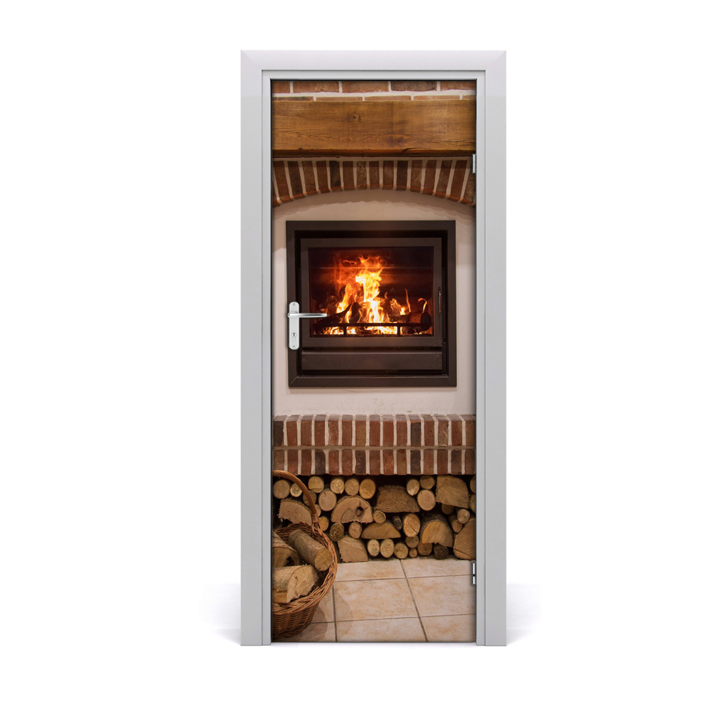 Naklejka fototapeta na drzwi Kominek i drewno na opał