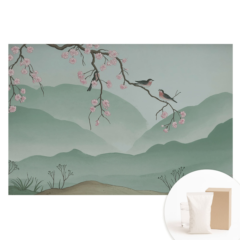 Fototapeta na flizelinie Kwiaty i ptaki na tle wzgórz