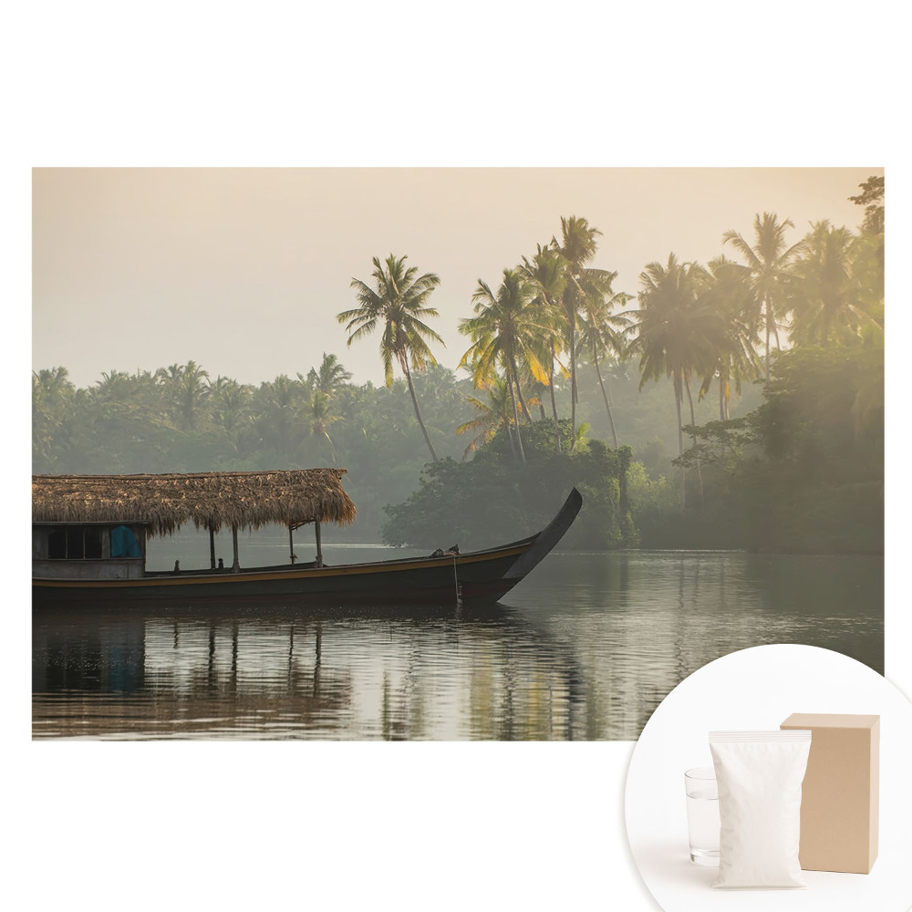 Fototapeta flizelinowa Mistyczny pejzaż z łodzią i palmami