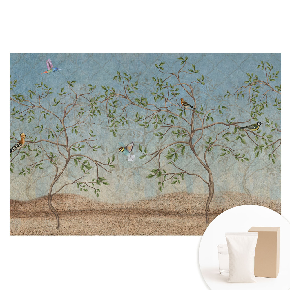 Tapeta fotograficzna flizelinowa Kolorowe ptaki na drzewie w stonowanym klimacie