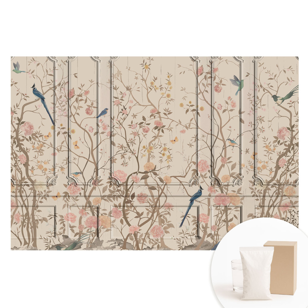 Duża fototapeta na ścianę Ptaki i róże na tle paneli