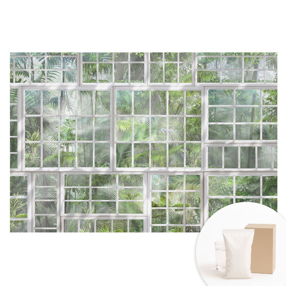 Fototapeta na flizelinie Zielona dżungla za białymi oknami