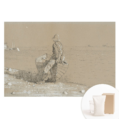 Fototapeta na flizelinie Mężczyzna z łodzią na plaży