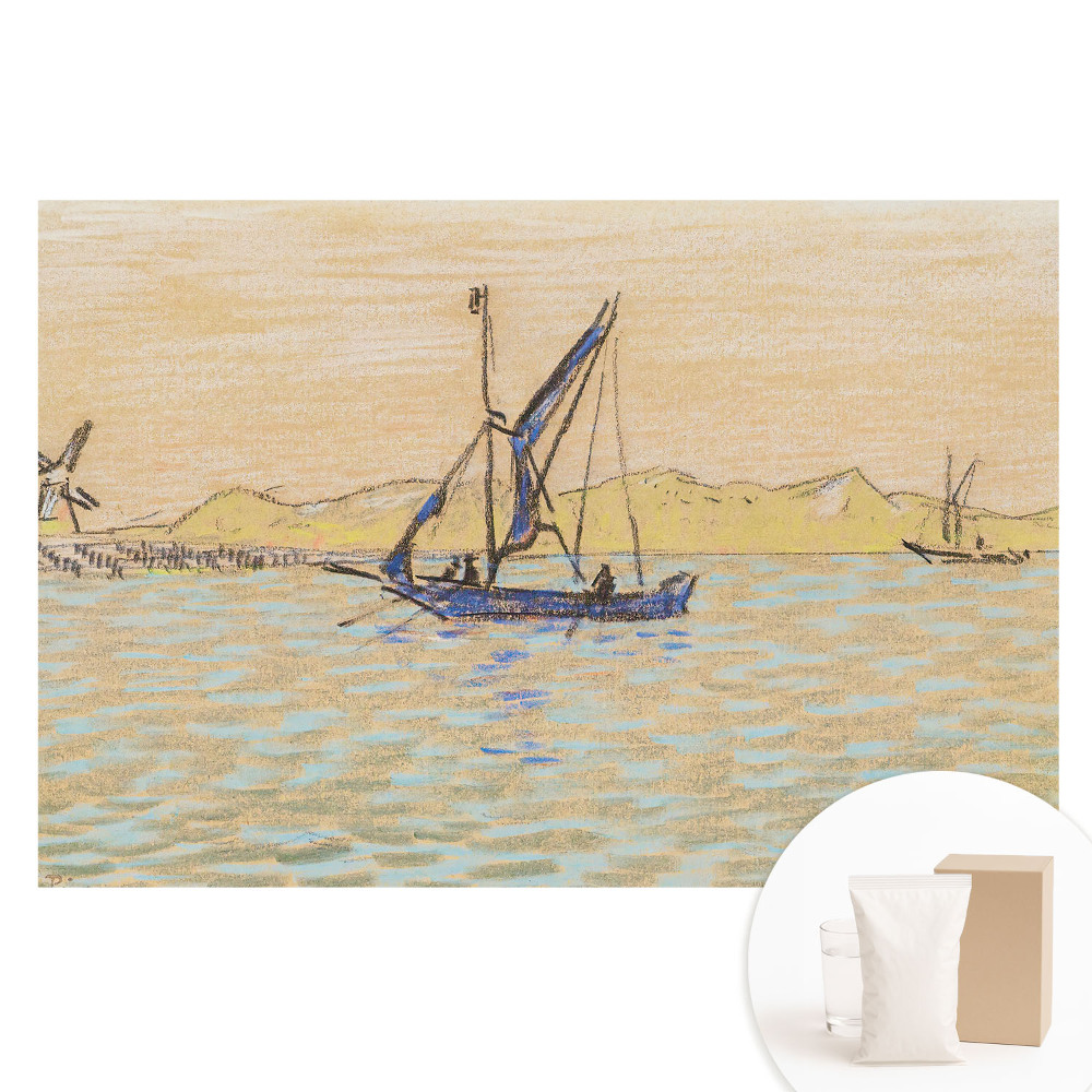 Tapeta fotograficzna flizelinowa Pastelowy krajobraz wiatrak łódź