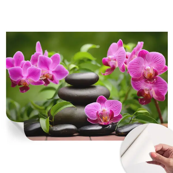 Samoprzylepna fototapeta do sypialni z motywem orchidei i kamieni