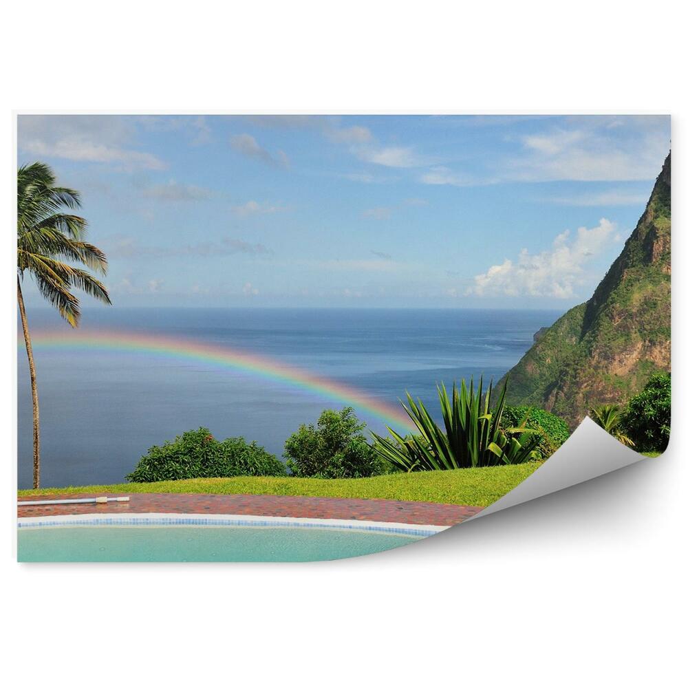Okleina ścienna Basen skały ocean palmy niebo chmury tęcza