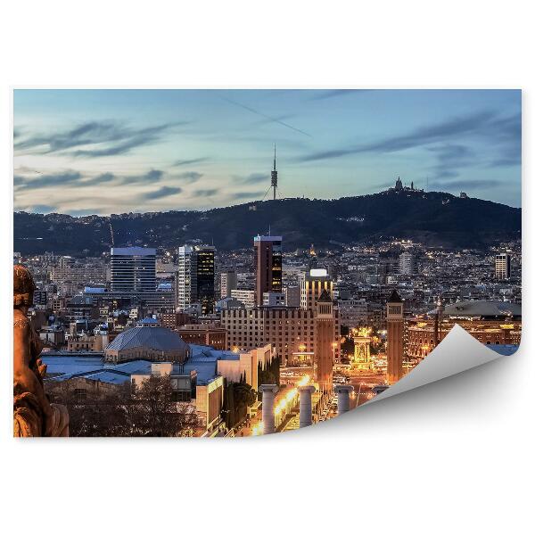 Okleina ścienna Barcelona budynki droga ludzie samochody widok noc