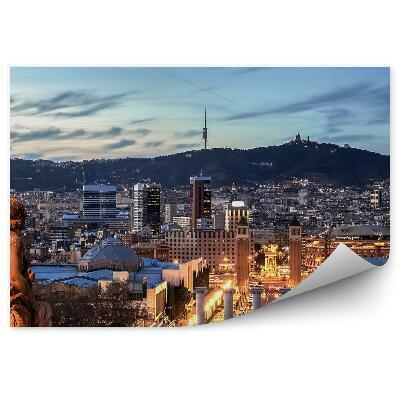 Okleina ścienna Barcelona budynki droga ludzie samochody widok noc