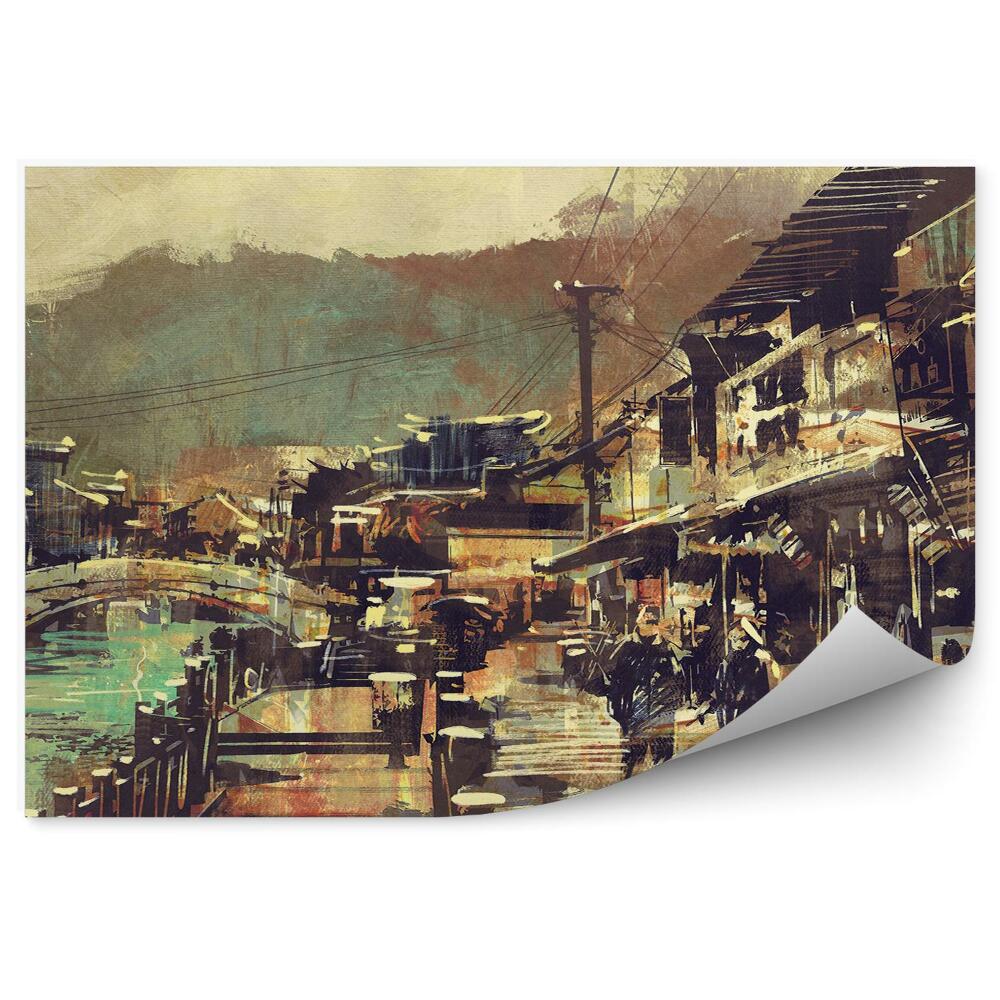 Okleina na ścianę most szare budynki wieś obrazy