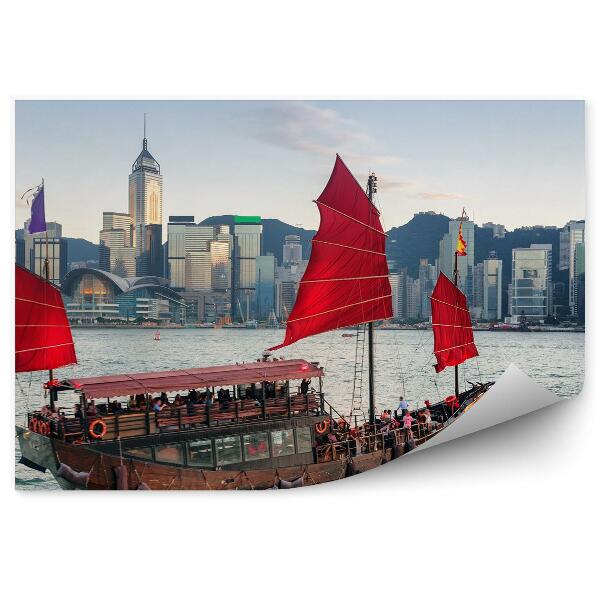 Okleina na ścianę Turyści żaglowiec drewniany czerwone żagle