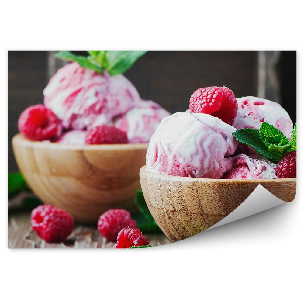 Okleina na ścianę Drewniane miski lody malinowe owoce świeże mięta