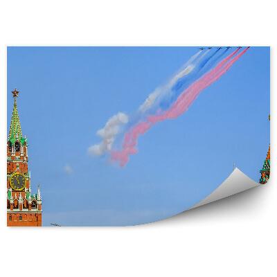 Fotopeta Rosyjska flaga samoloty dym budynki