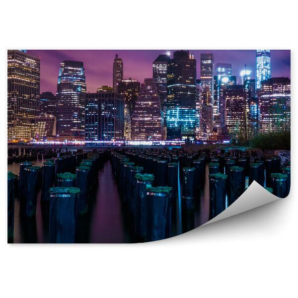 Fototapeta wieżowce pieńki woda noc światła