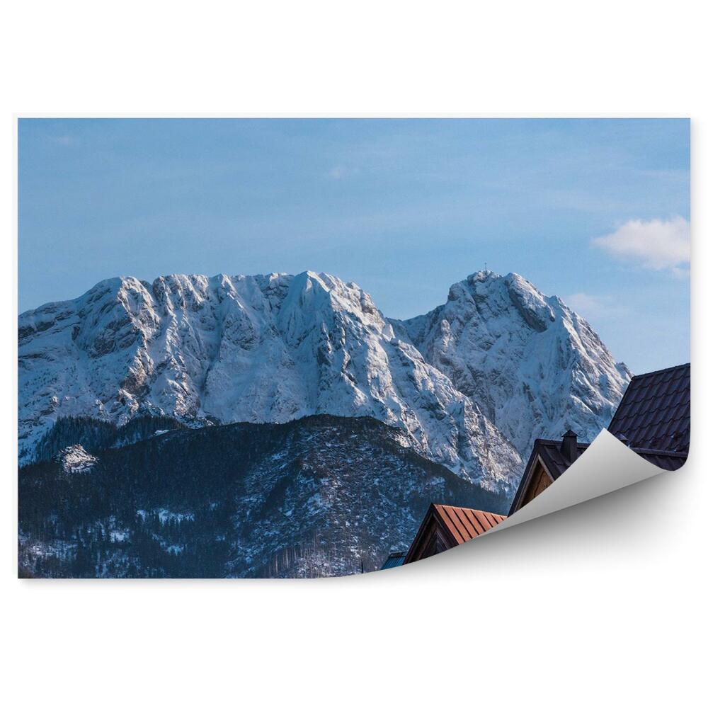 Okleina na ścianę Giewont śnieg chata góralska drzewa niebo chmury zakopane tatry