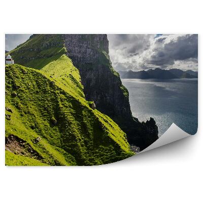 Fototapeta Latarnia kallur wyspy owcze góry trawa ocean niebo chmury