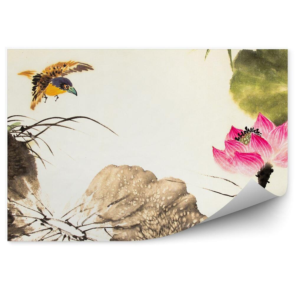 Okleina ścienna Różowy kwiat lotosu żółty ptak szare liście obraz