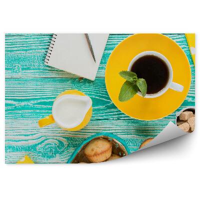 Fototapeta Kubek filiżanka czarna kawa ciastka babeczki kwiatki