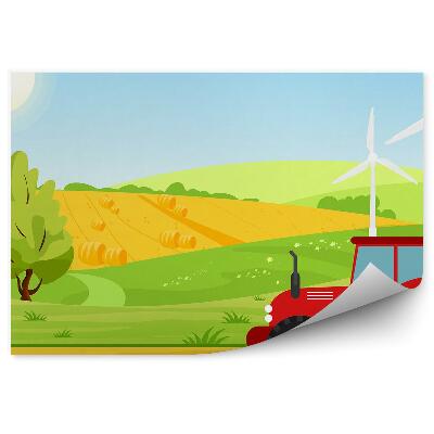 Okleina ścienna Czerwony traktor na polu wiatraki drzewa