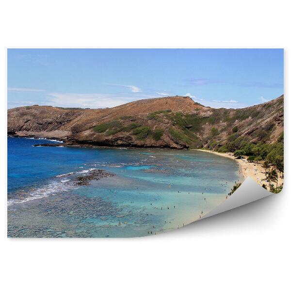 Fototapeta piękna plaża wyspa Oahu ocean ludzie góry palmy Hawaje niebo