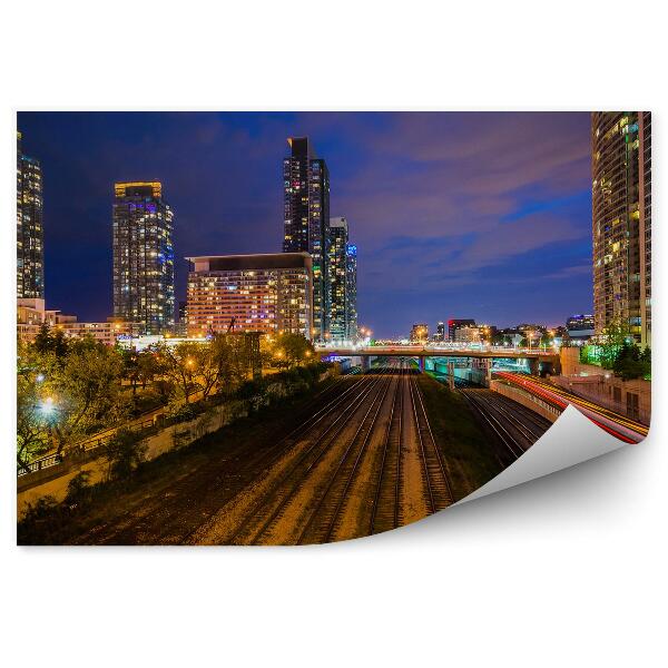 Okleina na ścianę Tory kolejowe noc miasto most ruch
