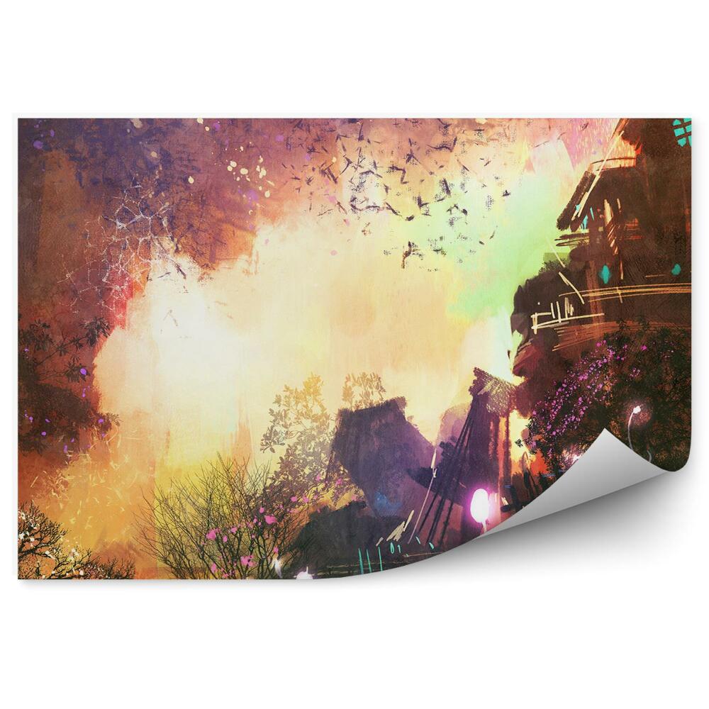 Fototapeta Fantasy krajobraz budynek światła drzewa kwiaty zachód słońca