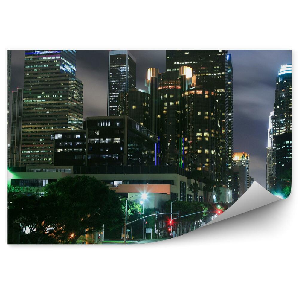 Fototapeta wieżowce ulice samochody drzewa noc księżyc