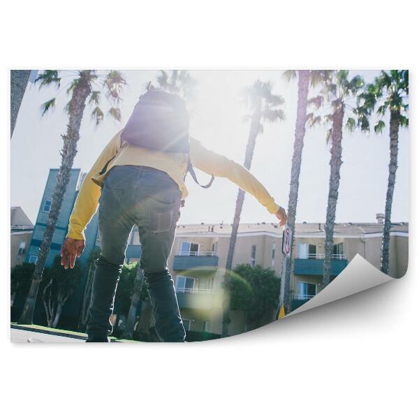 Fototapeta samoprzylepna Deskorolka budynek palmy ulica znak sport