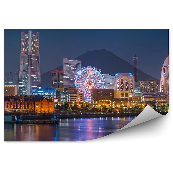 Okleina na ścianę Yokohama panoramę miasta góra fudżi zmierzch światła noc
