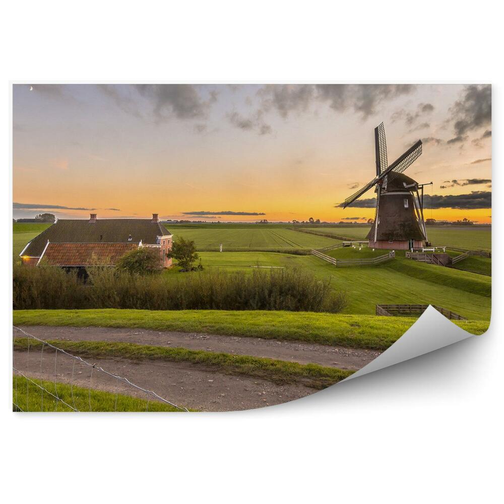 Okleina ścienna Drewniany wiatrak pole trawa zachód słońca