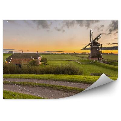 Okleina ścienna Drewniany wiatrak pole trawa zachód słońca