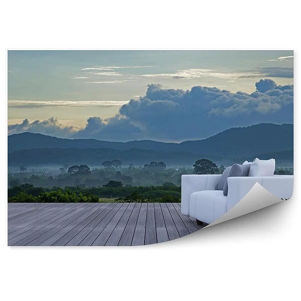 Okleina ścienna 3d sofa drewniany taras widok góry drzewa chmury niebo