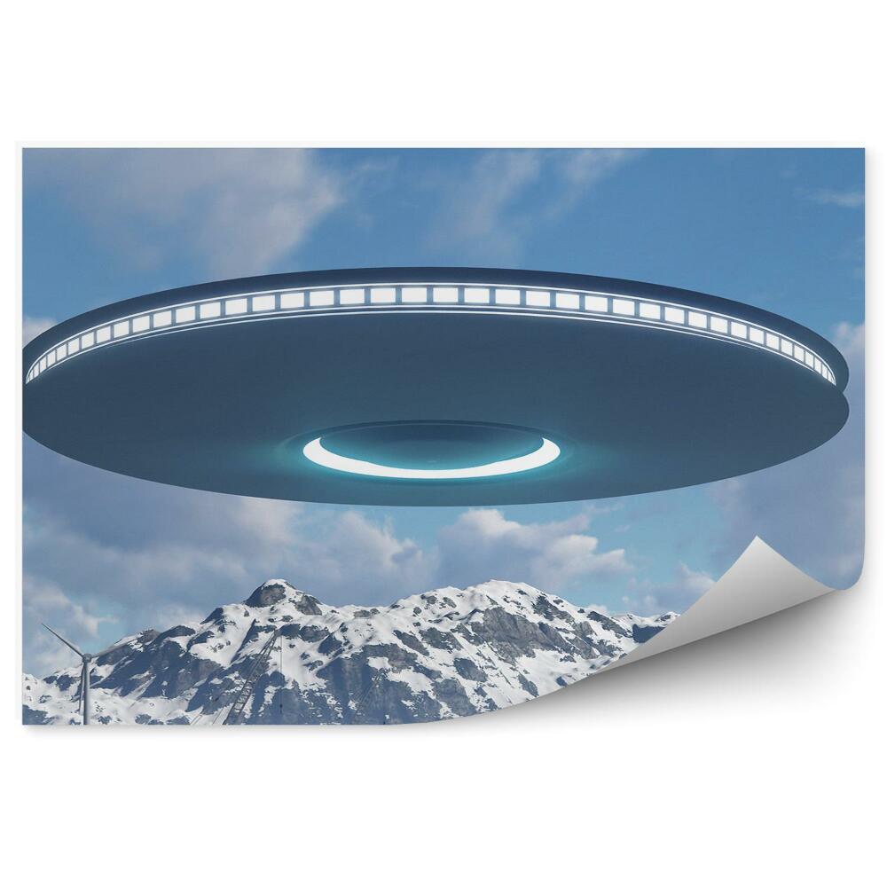 Fototapeta Ufo chmury niebo góry domy fabryka wiatraki zima śnieg 3d