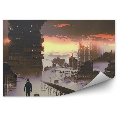 Okleina na ścianę Człowiek opuszczone miasto chmury