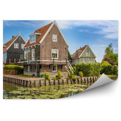 Okleina na ścianę piękna wioska rybacka drzewa rzeka niebo chmury