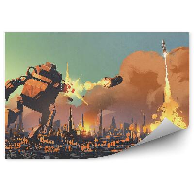 Fototapeta samoprzylepna Gigantyczny robot uruchomienie rakiety miasto