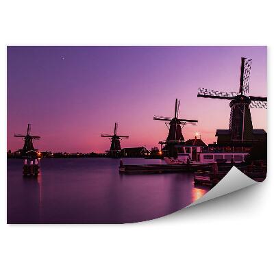Okleina na ścianę Statek port woda wiatraki zmierzch