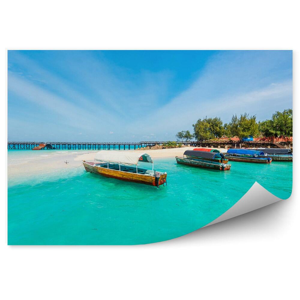 Okleina ścienna Łodzie most drzewa plaża ocean morze niebo chmury zanzibar
