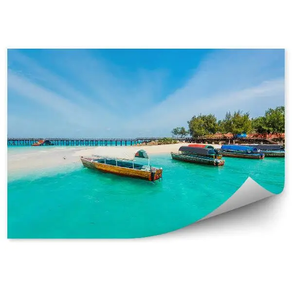 Okleina ścienna Łodzie most drzewa plaża ocean morze niebo chmury zanzibar