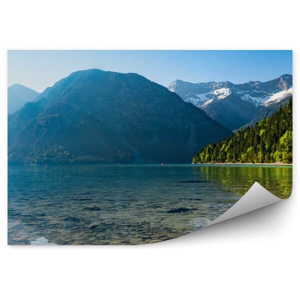 Fototapeta Panorama góry domek zieleń drzewa jezioro skały niebo