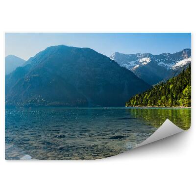 Fototapeta Panorama góry domek zieleń drzewa jezioro skały niebo