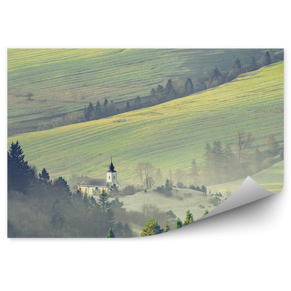 Okleina na ścianę Kościół wieś pieniny krajobraz drzewa iglaste pola