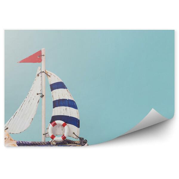 Okleina na ścianę Model żaglowca drewno błękitne tło muszla
