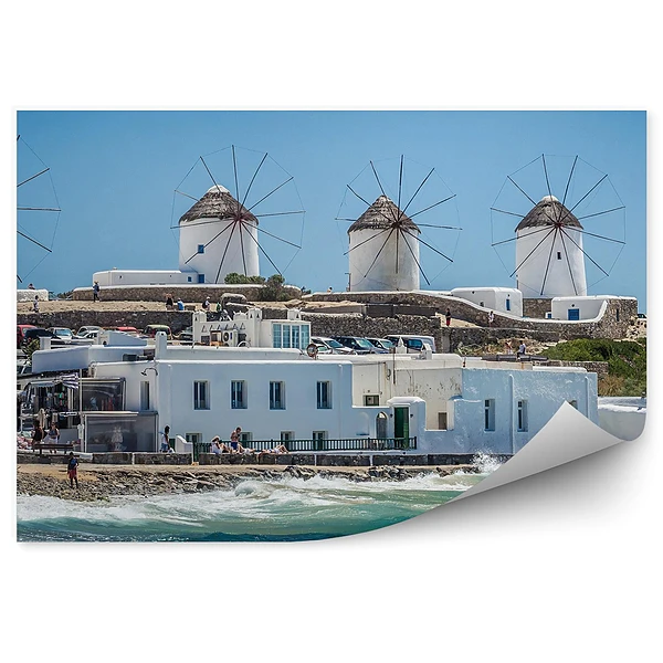 Fototapeta na ścianę Mykonos wyspy wiatraki turyści fale