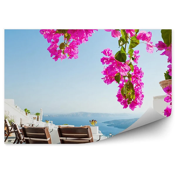 Okleina ścienna Piękny taras kwiaty ocena wyspa widok santorini