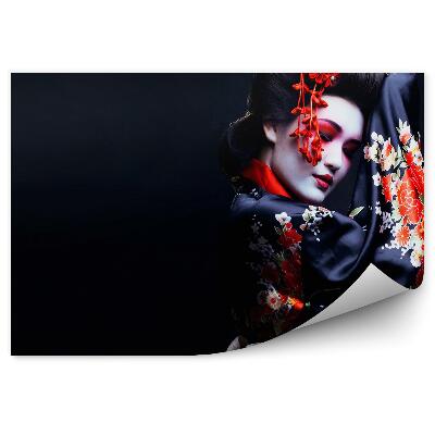 Fotopeta Kimono gejsza kwiaty młoda kobieta ciemne tło