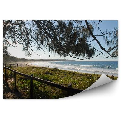 Fototapeta Plaża płotek ławeczka ocean ludzie drzewa trawa