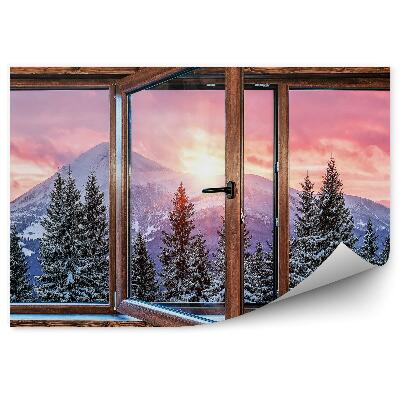 Fototapeta Zima śnieg drewniane okno w chacie z widokiem na choinki