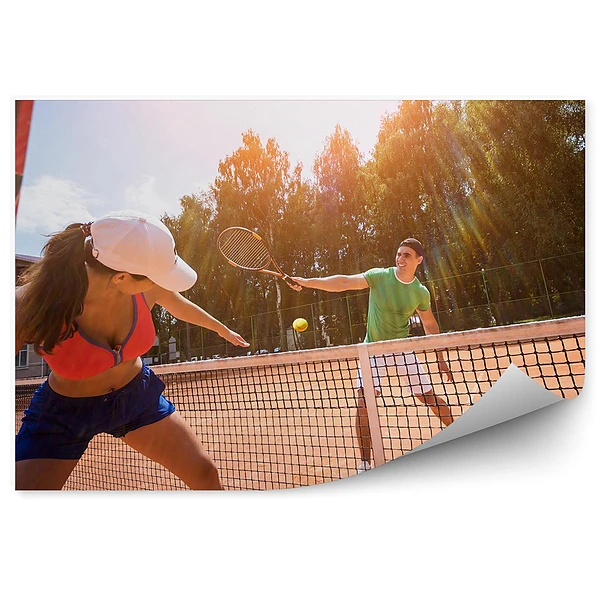 Fototapeta samoprzylepna Gra tenis ziemny rakiety piłki siatka budynek drzewa